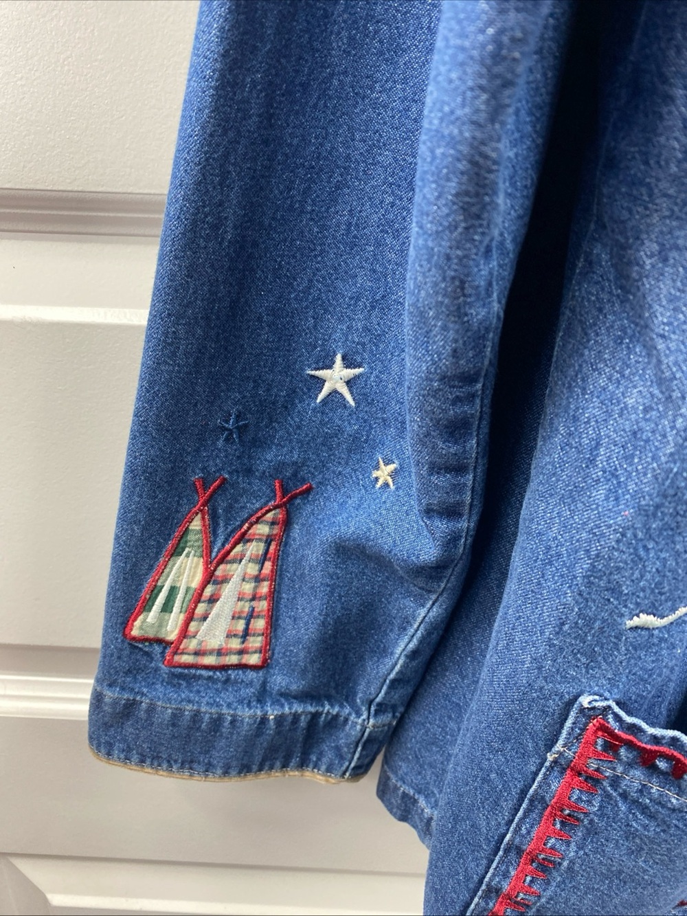 Vintage Denim Embroidered Jacket Camping Button Blue Cottagecore Gorpcore Large - Picture 3 of 10
